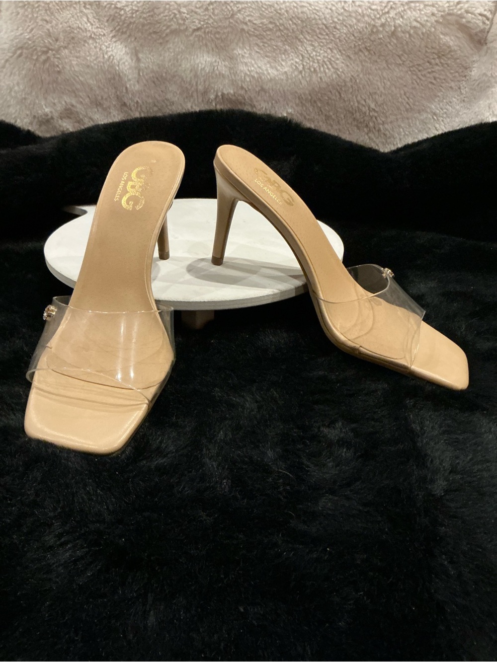 GBG Los Angeles Nude Clear Strap Heeled Mules Size 6